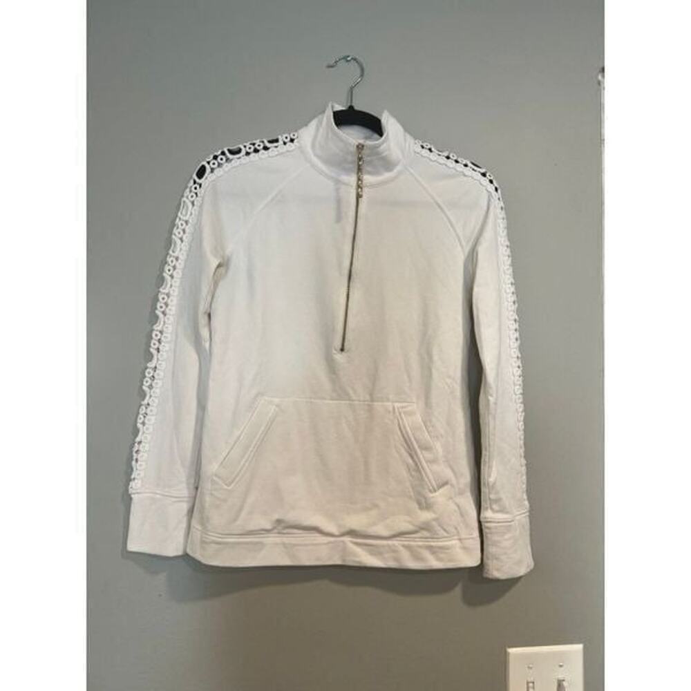 Lilly Pulitzer Skipper Solid Popover XXS 1/2 Zip Lace Sleeves Stretch White‎